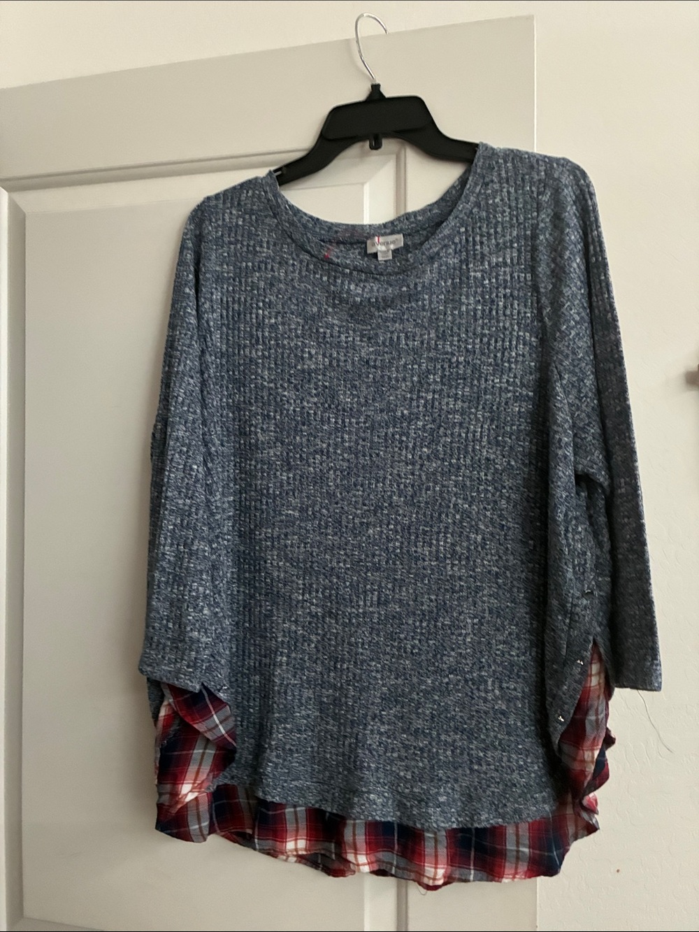Avenue Blue Heather Knit Sweater with Plaid Hem